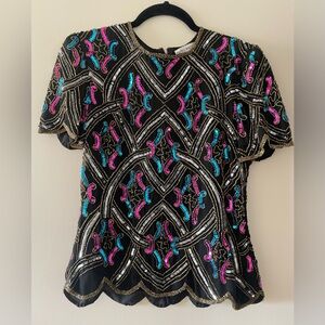 Papell 100% Silk 90 80s Vintage Silk Beaded Glam Art Deco Chic Blouse Women PS